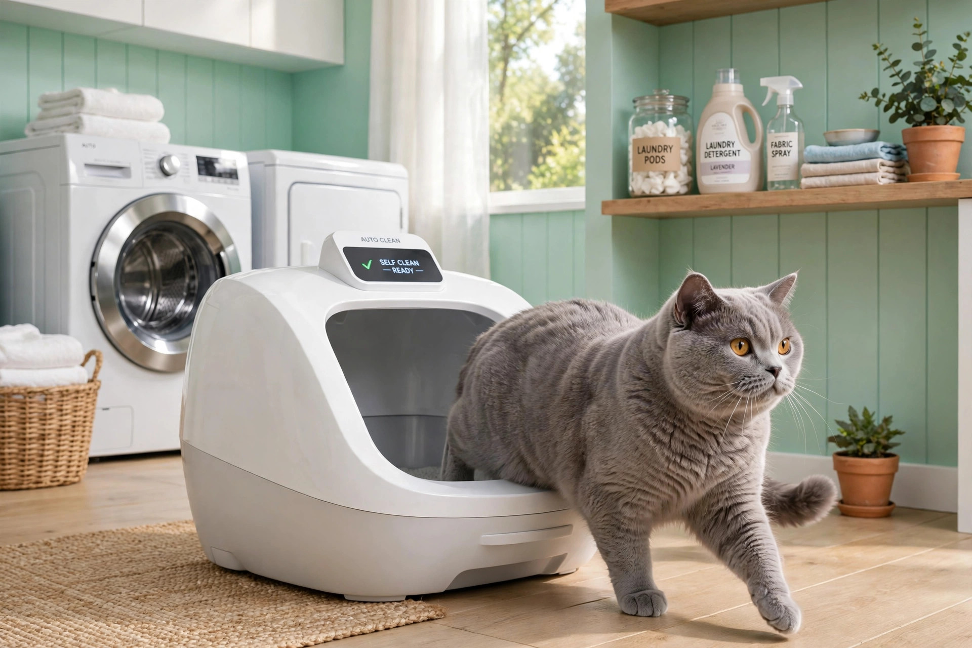 Grey cat stepping out of a self-cleaning litter box